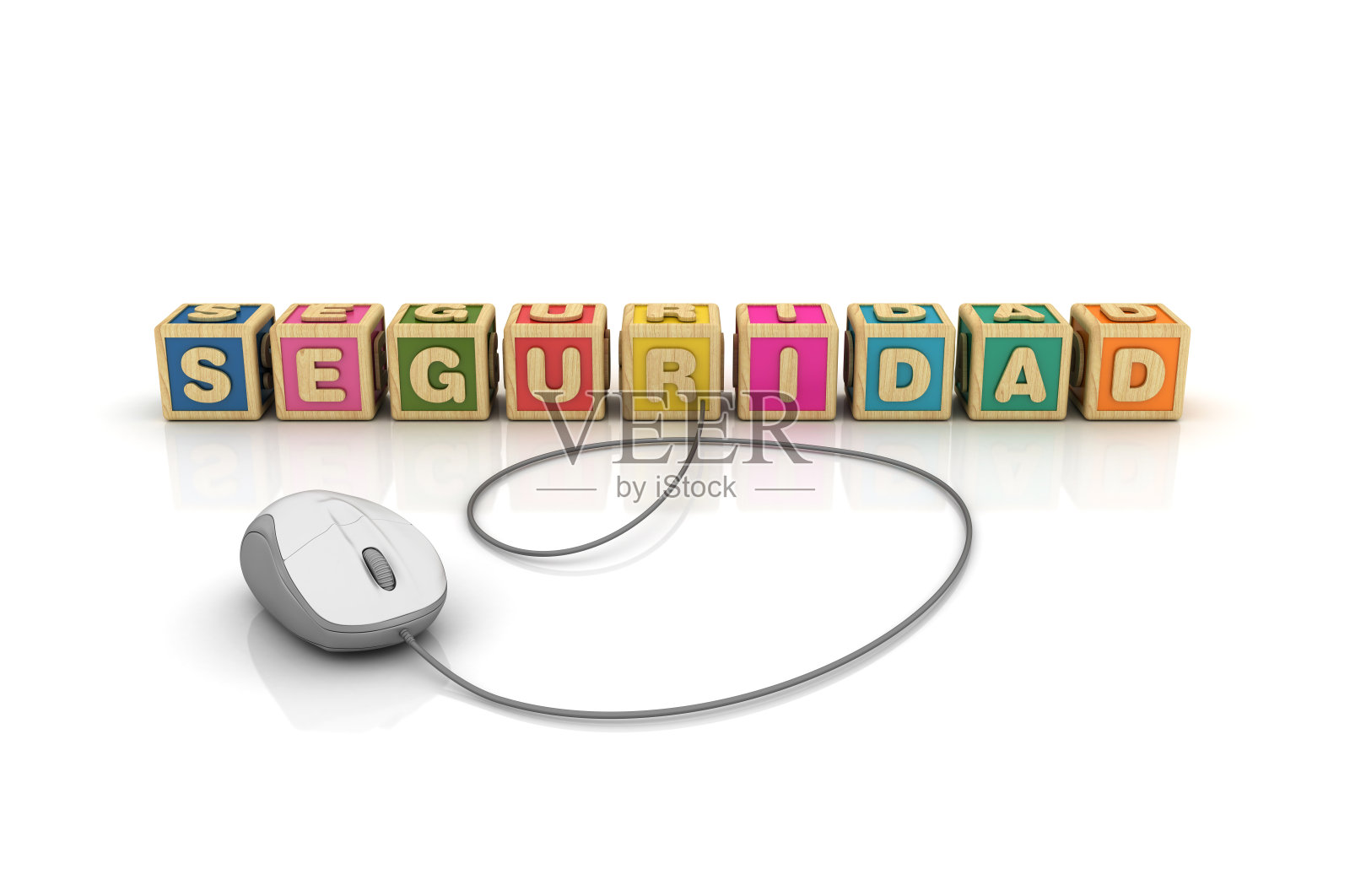 流行语立方体与计算机鼠标-西班牙语单词- 3D渲染照片摄影图片