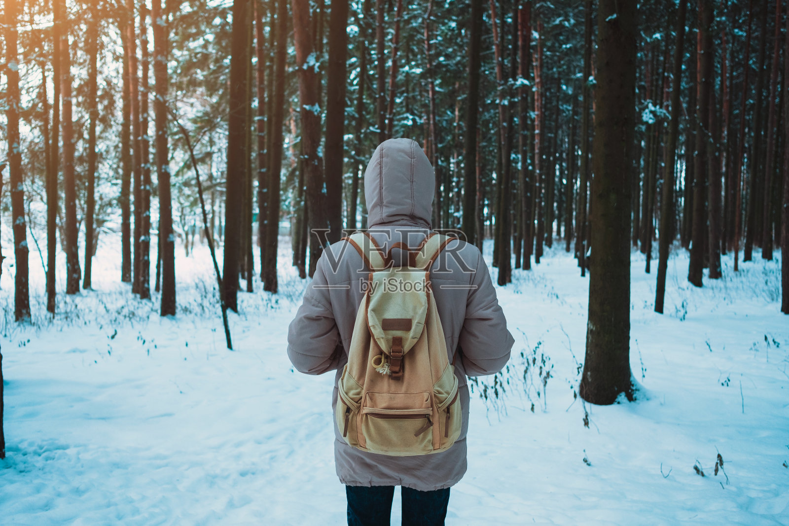 一个年轻人在冬天的雪林里照片摄影图片