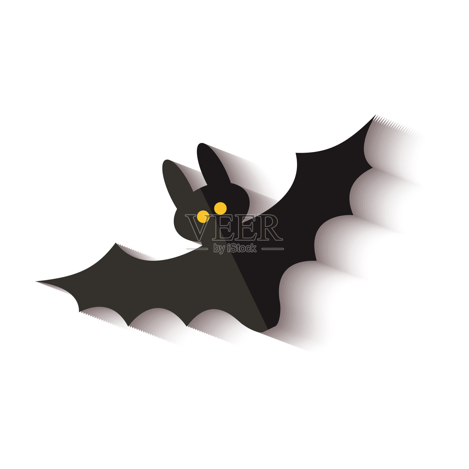 黑色飞行蝙蝠图标与黄色点眼睛和下降阴影插画图片素材
