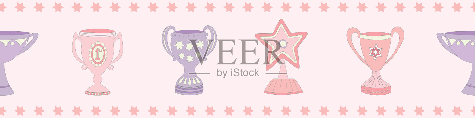 向量奖杯无缝重复边界图案在粉红色和紫色。插画图片素材