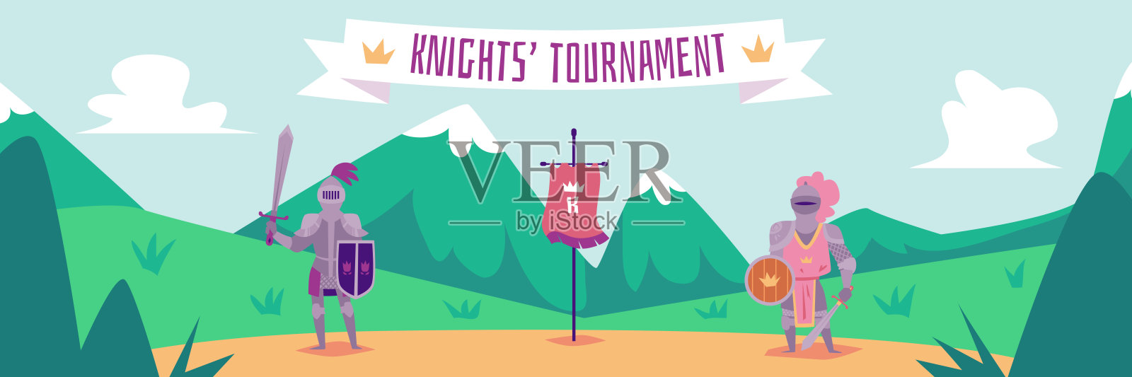 骑士锦标赛-平面卡通旗帜与两个战士在金属盔甲插画图片素材