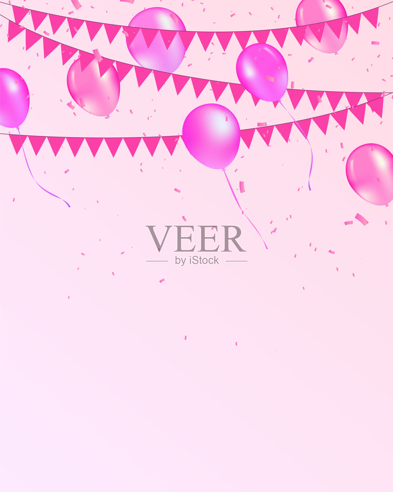带有气球、彩旗和金属箔五彩纸屑的粉色可爱庆典背景。矢量插图。嘉年华字母。为您的文字预留位置。邀请函、海报、卡片、banner、宣传单设计插画图片素材