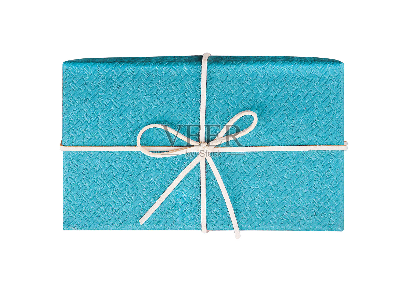 蓝色礼盒装饰与浅棕色弓皮绳顶视图孤立在白色背景,为圣诞节或新年和情人节裁剪路径照片摄影图片