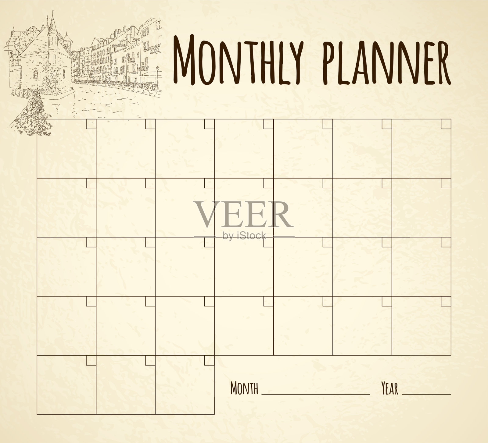 月度计划。城市的草图。艺术线条轮廓。旅游的概念。法国安纳西。矢量插图。插画图片素材