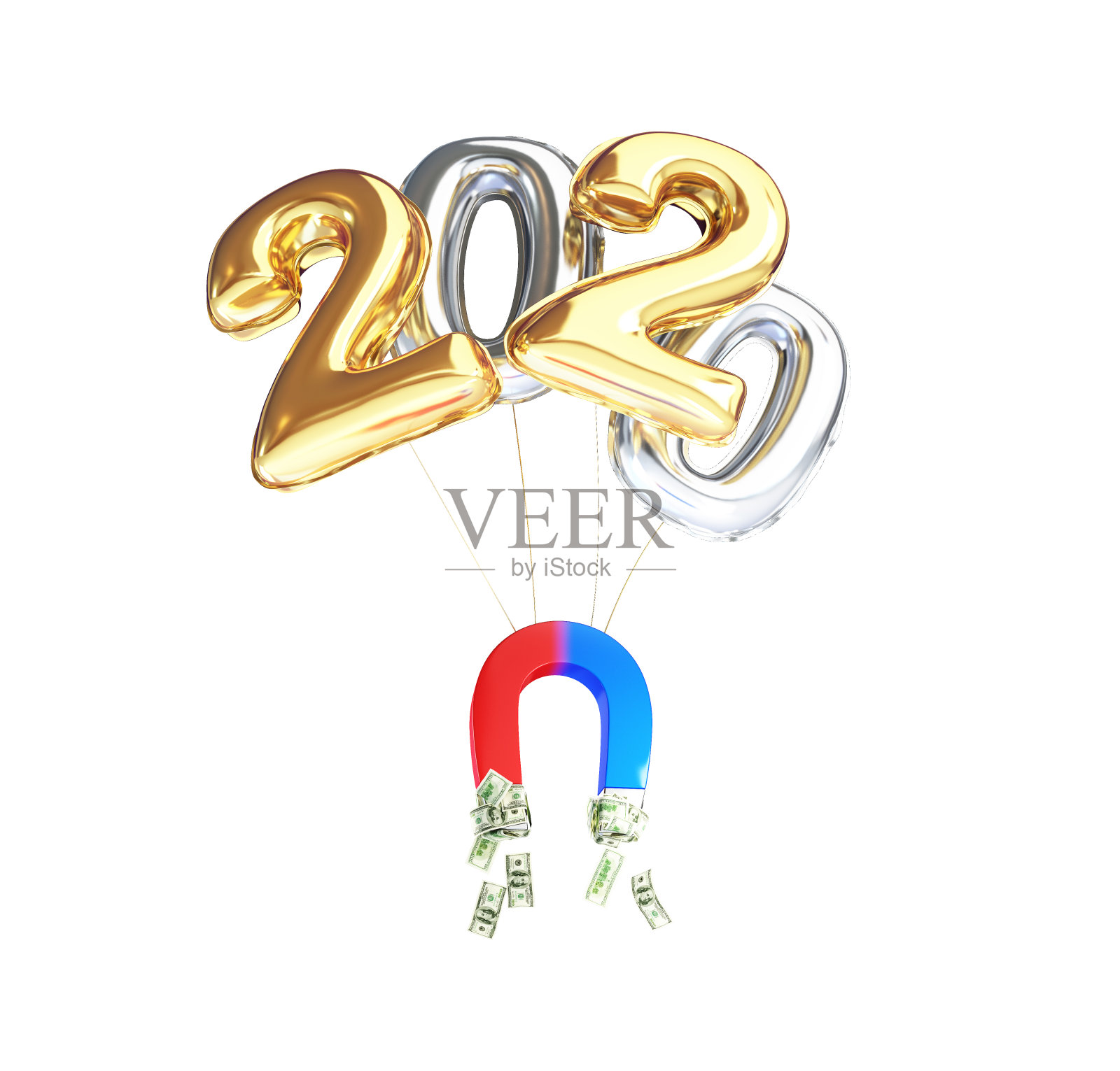 铝箔气球2020年新年磁铁吸引美元在白色背景3D插图,3D渲染照片摄影图片