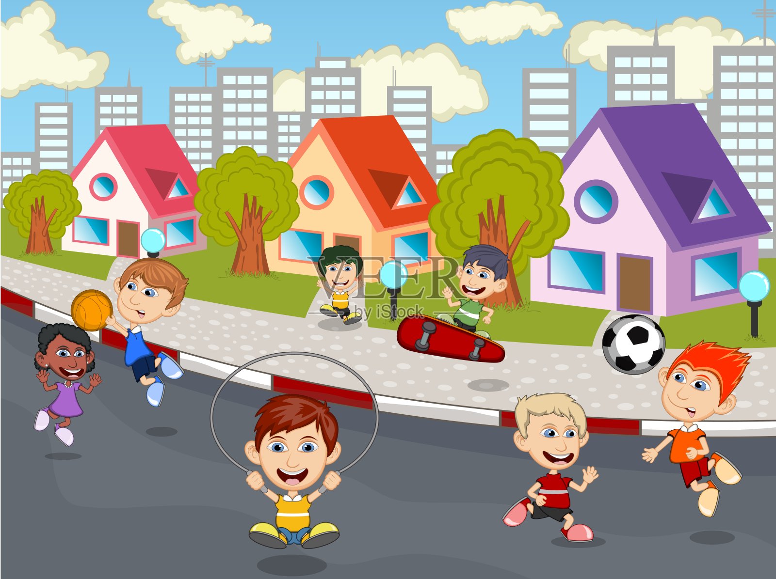 孩子们在街上玩矢量漫画插图设计模板素材