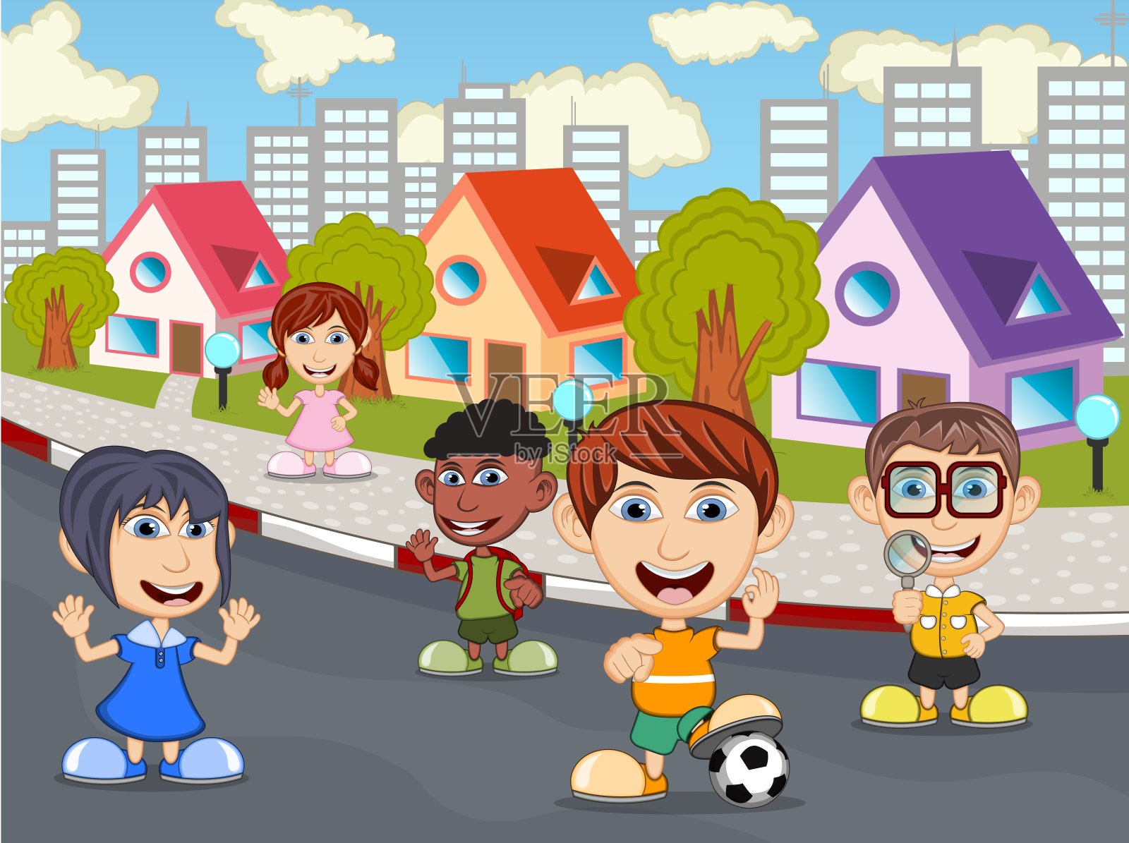 孩子们在街上玩矢量漫画插图插画图片素材