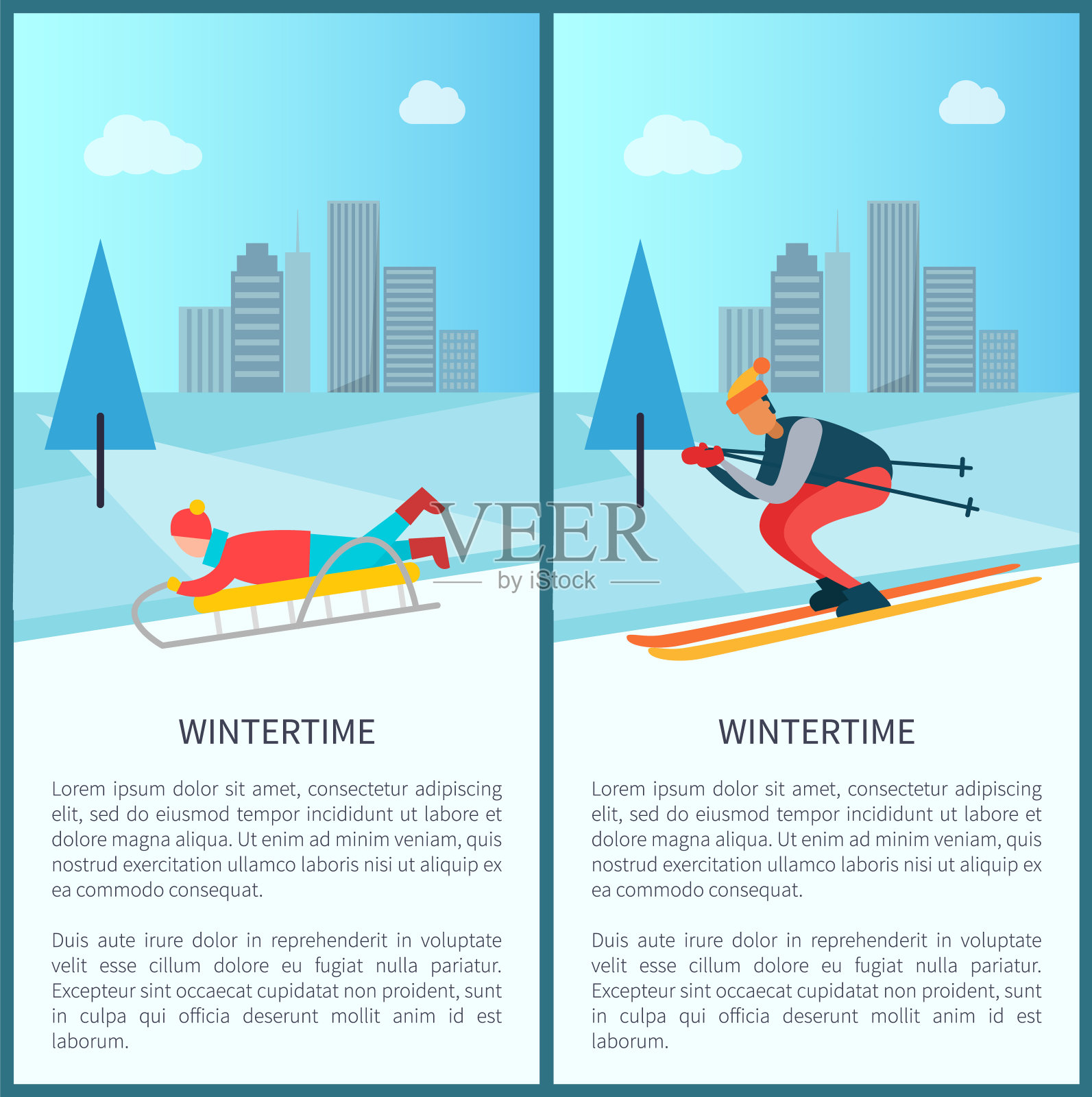 冬季雪橇和滑雪者设置矢量插图设计模板素材