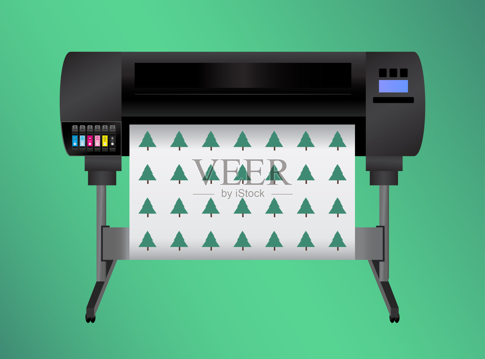 绿色环保印刷要三思而后行。生态学的概念。大型喷墨绘图仪打印机用于印刷许多产品,广告牌,海报和卷与工艺和光油墨隔离在绿色。插画图片素材