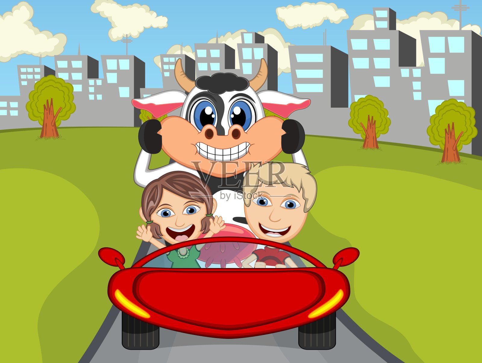 快乐的孩子,牛,羊在汽车与城市背景卡通矢量插图插画图片素材