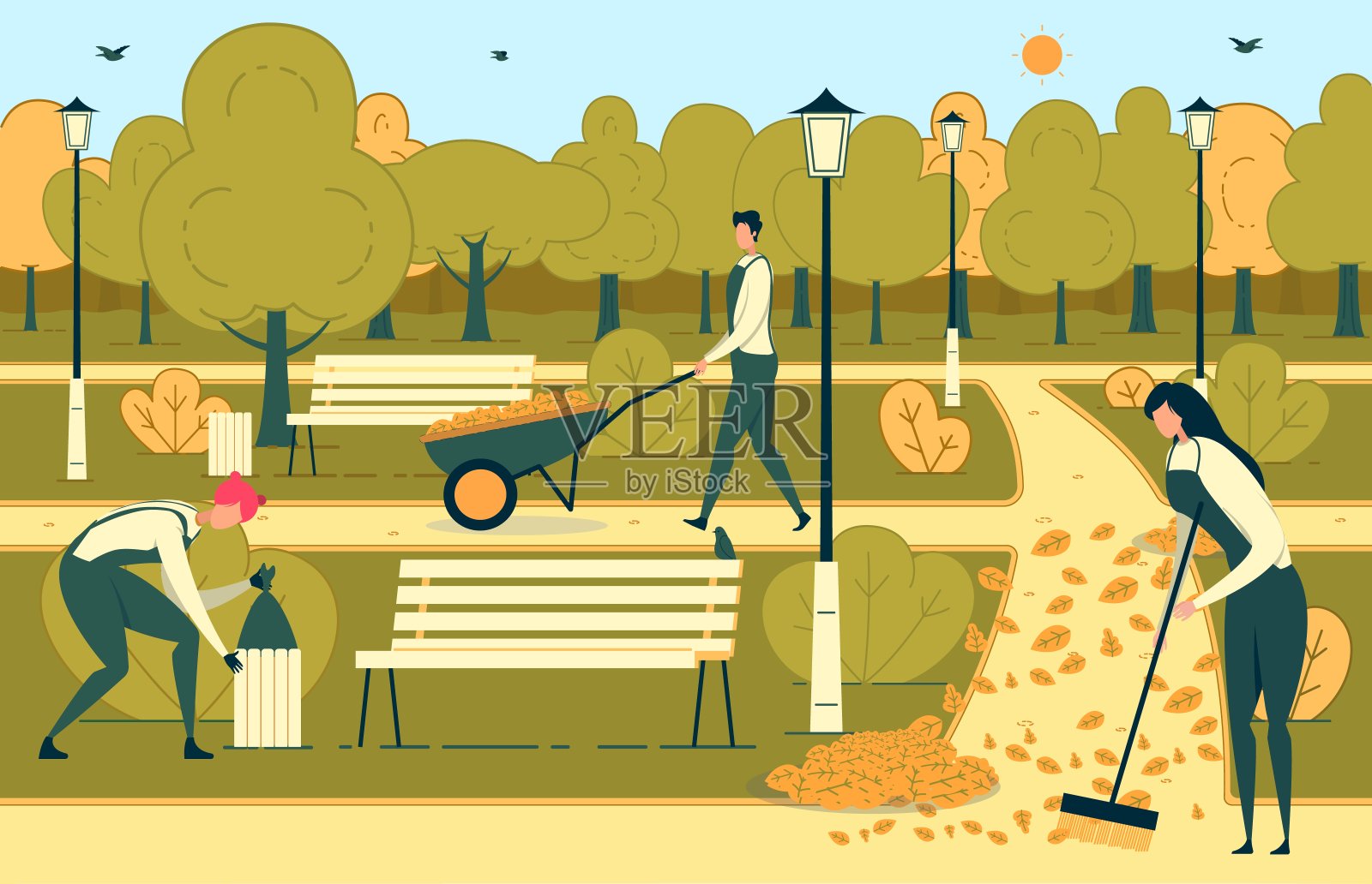 扫落叶,收垃圾袋。插画图片素材