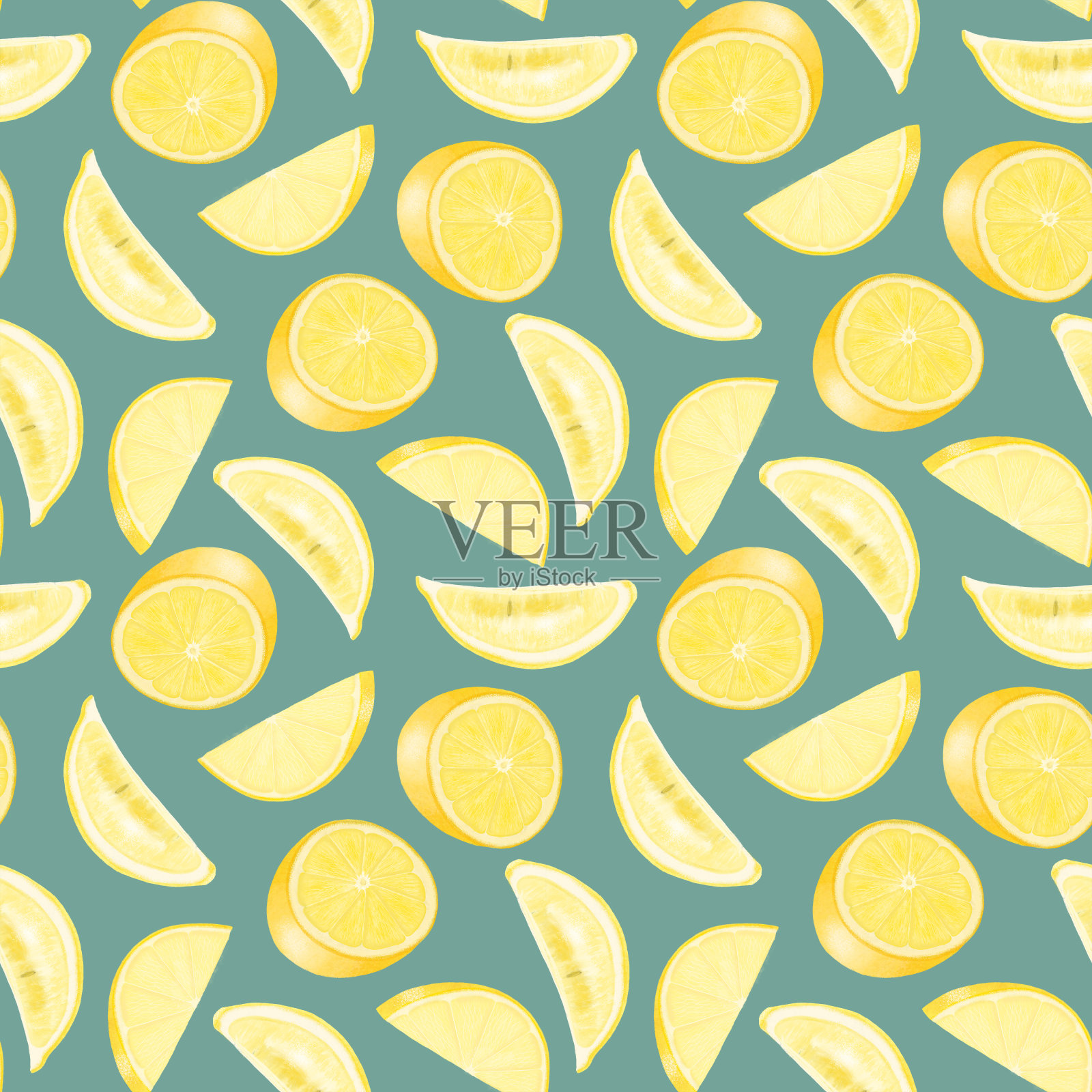 无缝模式与手绘柠檬在一个蓝色的背景插画图片素材