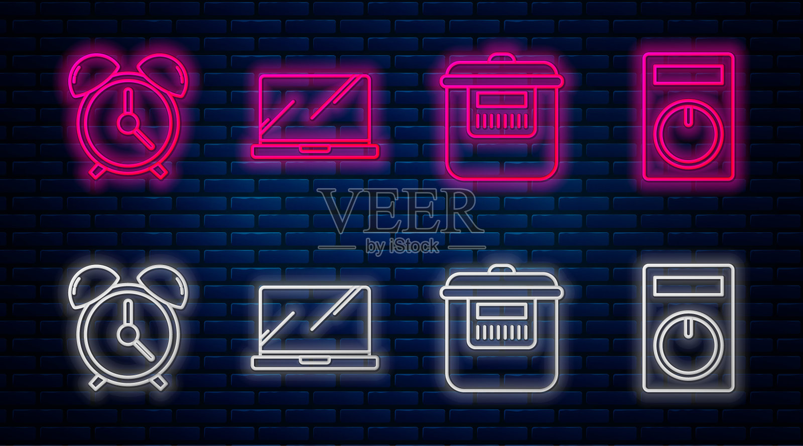 设置线笔记本电脑,慢炖锅,闹钟和遥控器。砖墙上发光的霓虹灯图标。向量插画图片素材