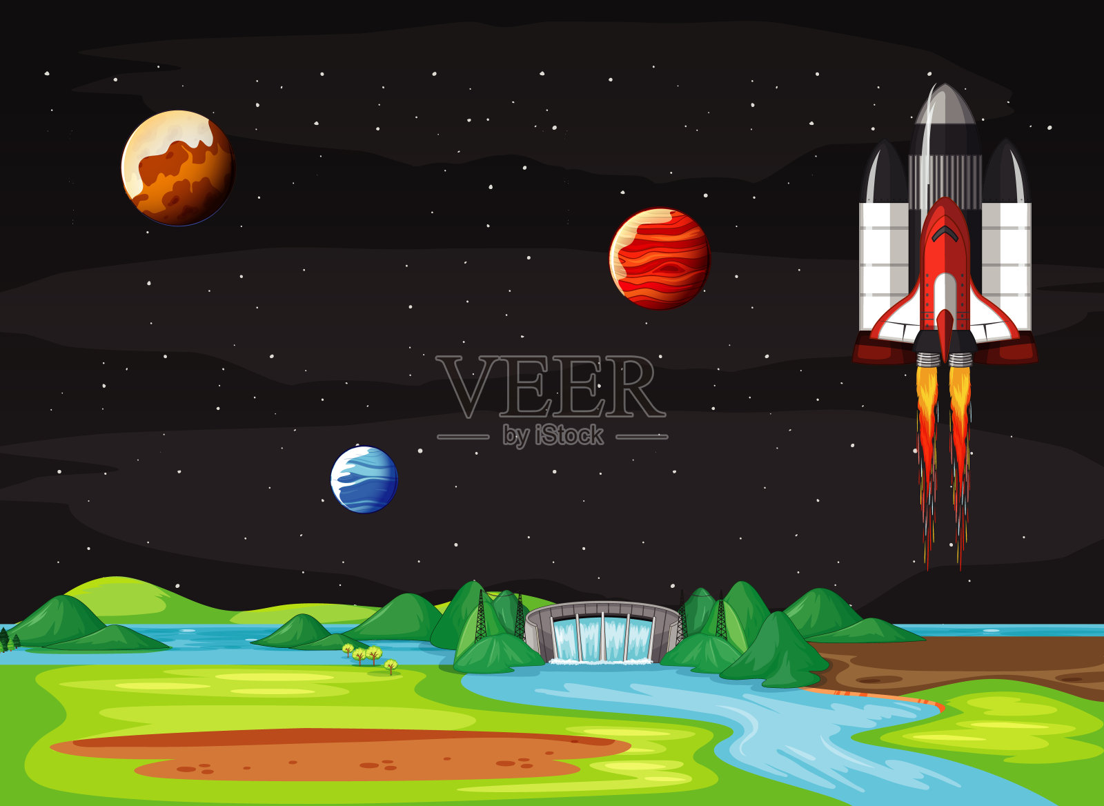 宇宙飞船在天空中飞行的场景插画图片素材