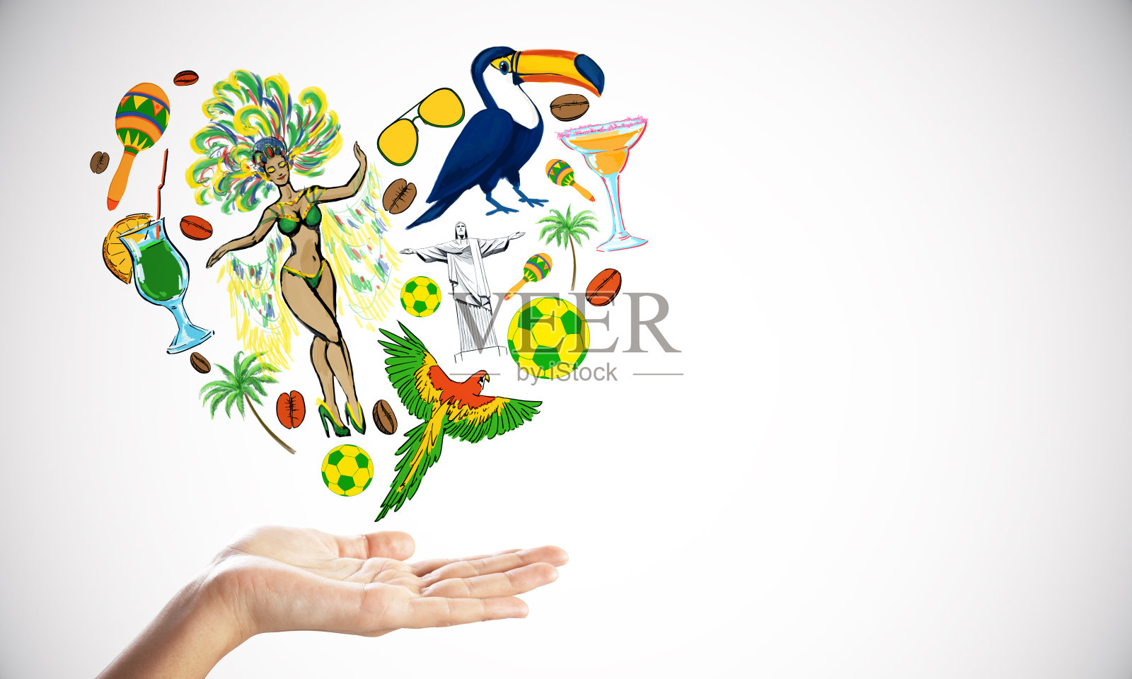 旅游概念与巴西的传统符号心形以上的手掌。插画图片素材