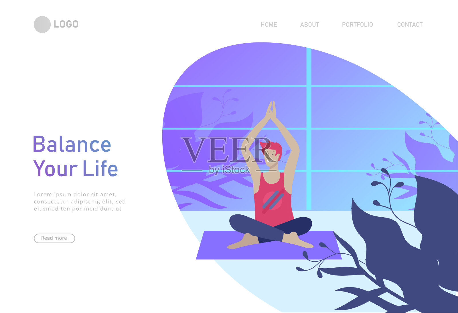 网页设计模板与男人和女人冥想,坐在瑜伽姿势在家和在户外。在大自然中练习瑜伽课。心理健康的概念。向量插画图片素材