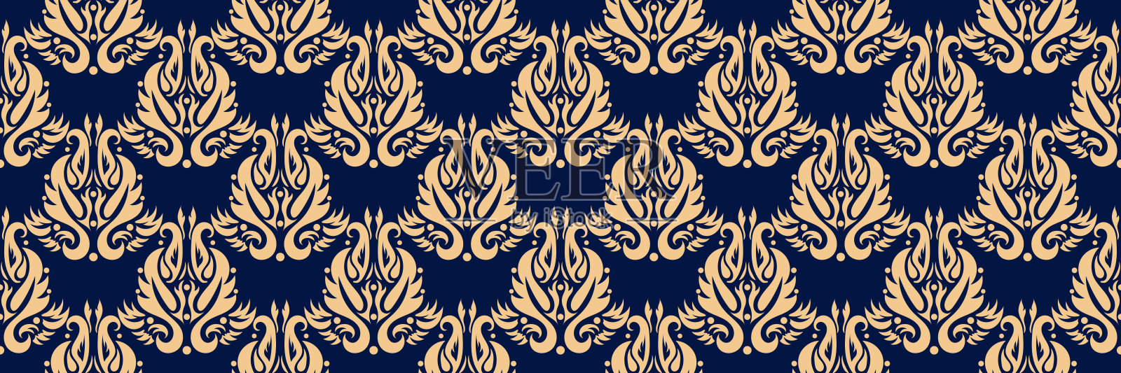 花卉无缝模式。深蓝色背景上的金色设计插画图片素材