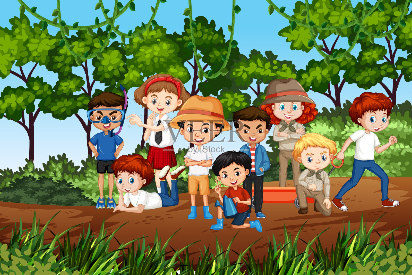 公园里有许多孩子的场景插画图片素材