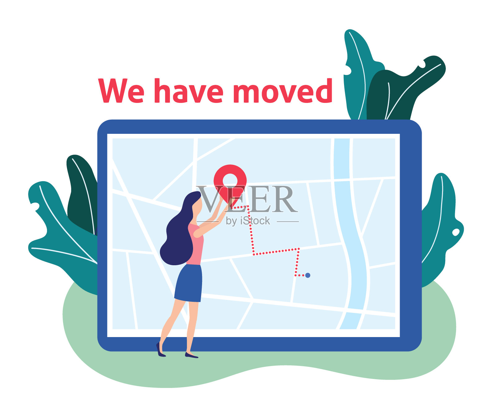 我们有感动。地图上的女人和标签。新地址。矢量图插画图片素材