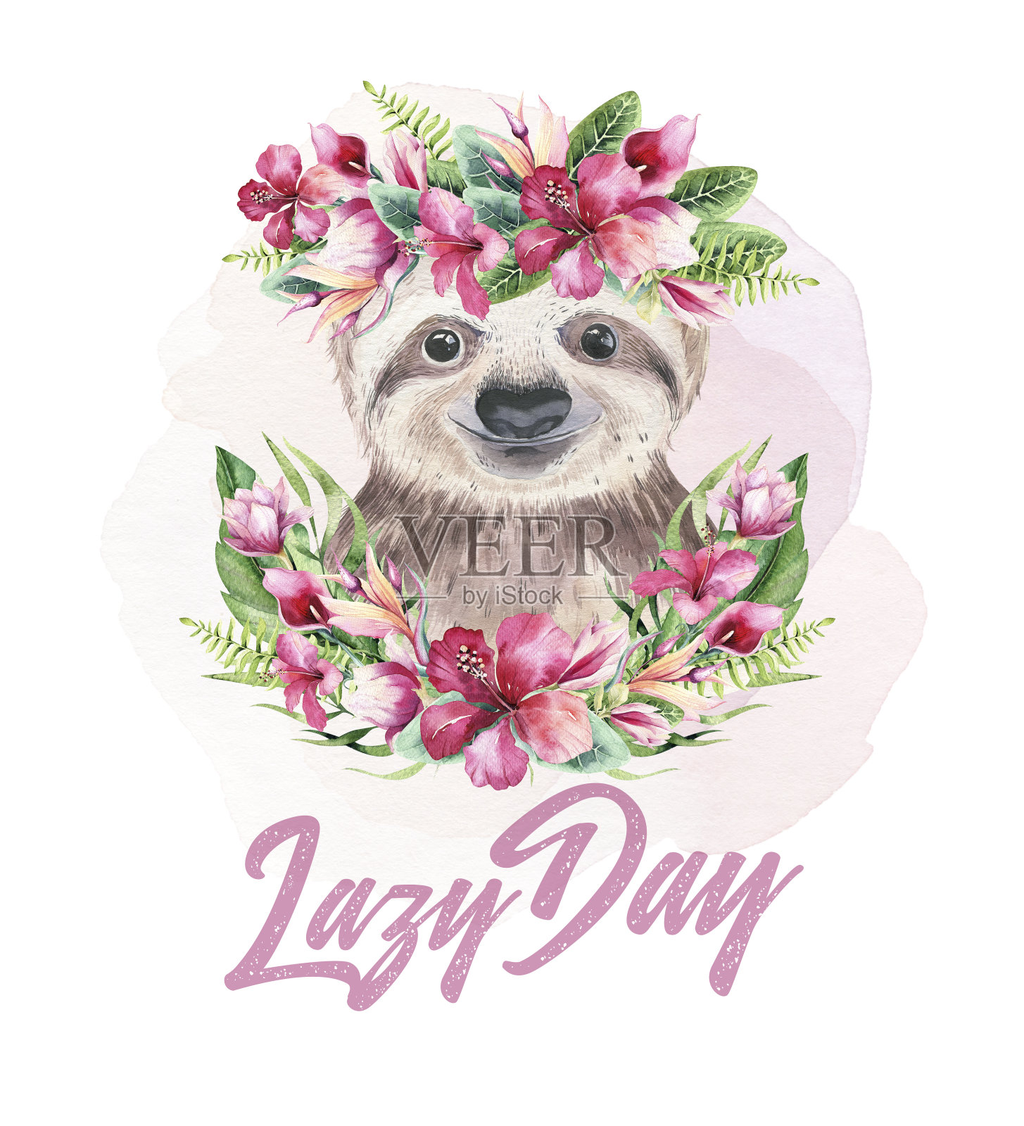 一张有树懒宝宝的海报。水彩卡通树懒热带动物插图。丛林异域风情的夏季印花。插画图片素材