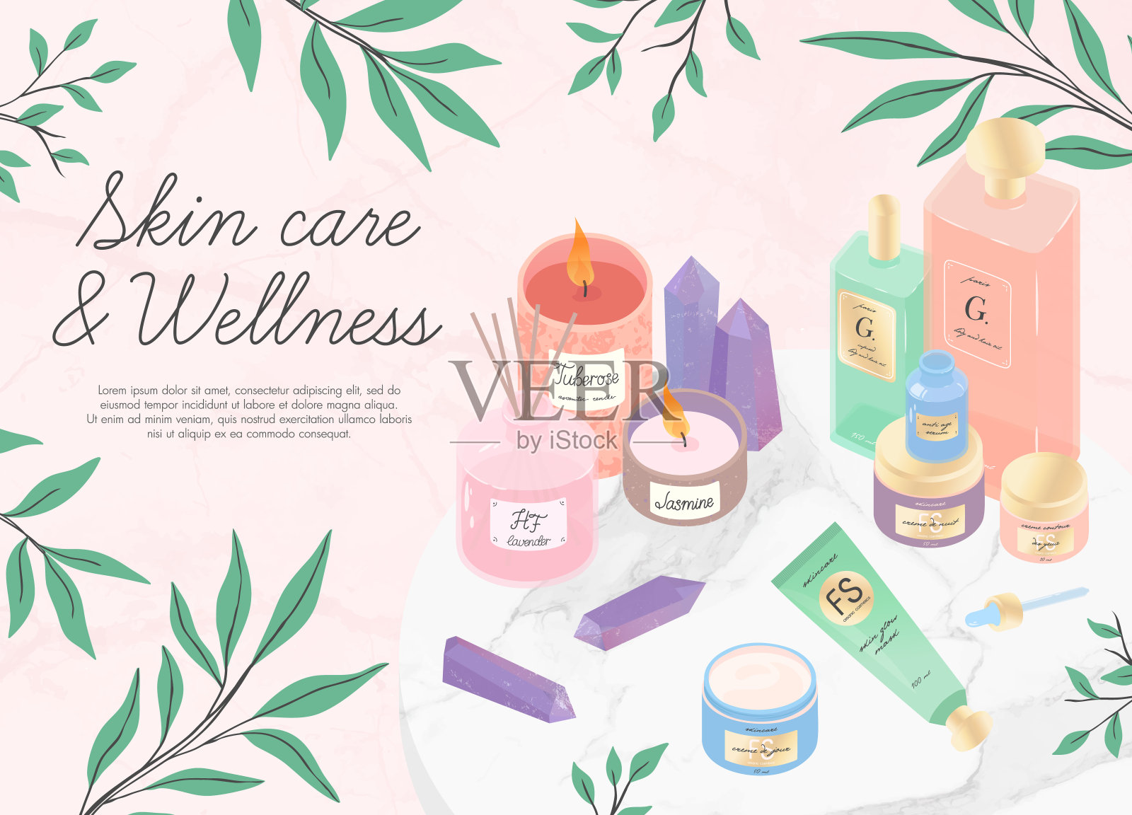 皮肤护理,芳香疗法,水疗和健康的概念。美程插画图片素材