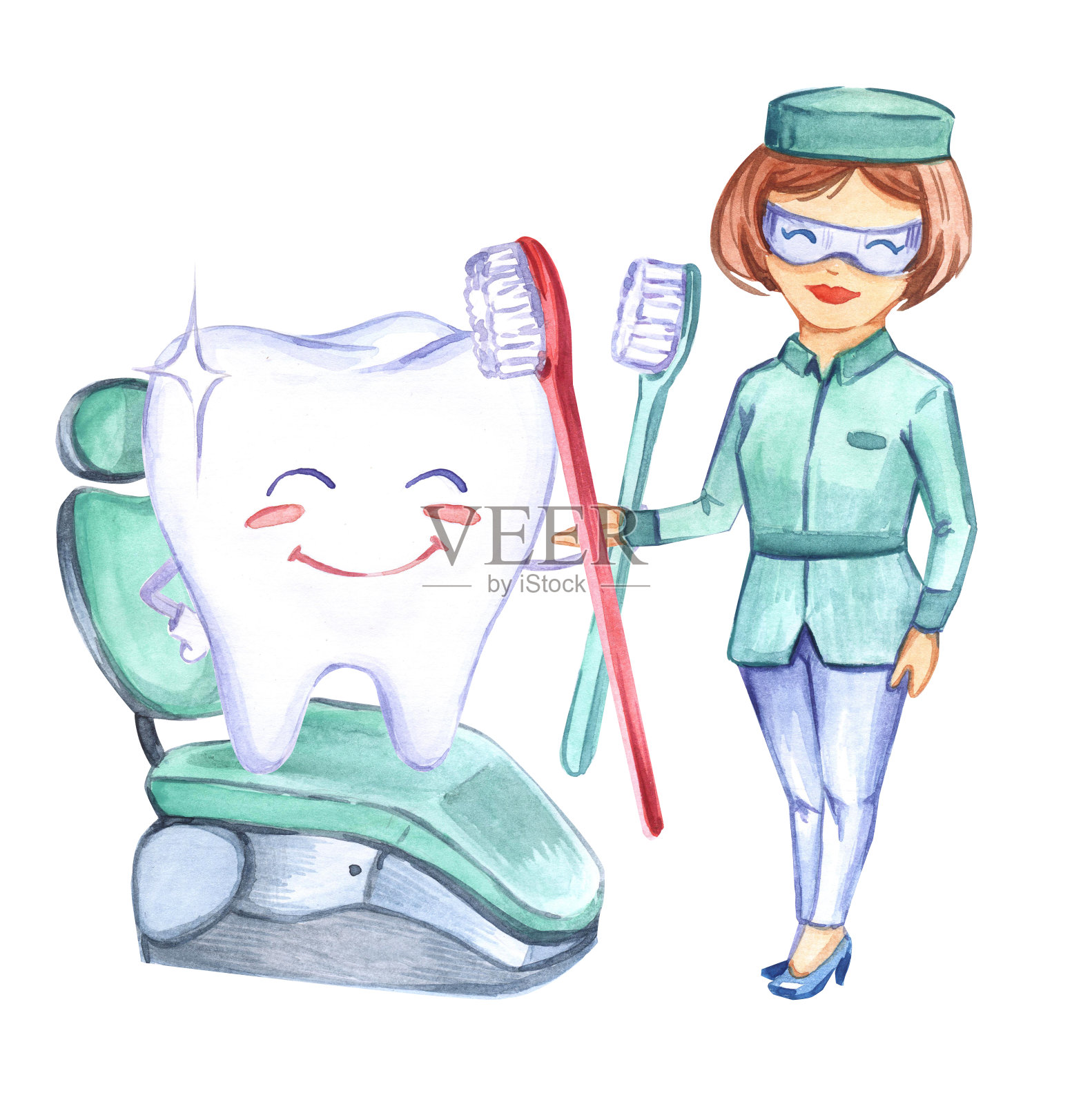 牙科的艺术。牙齿的模式。牙医。牙刷。牙膏。水彩插图。声音的牙齿。美丽的微笑。护士制服。医学。人类的健康。插画图片素材