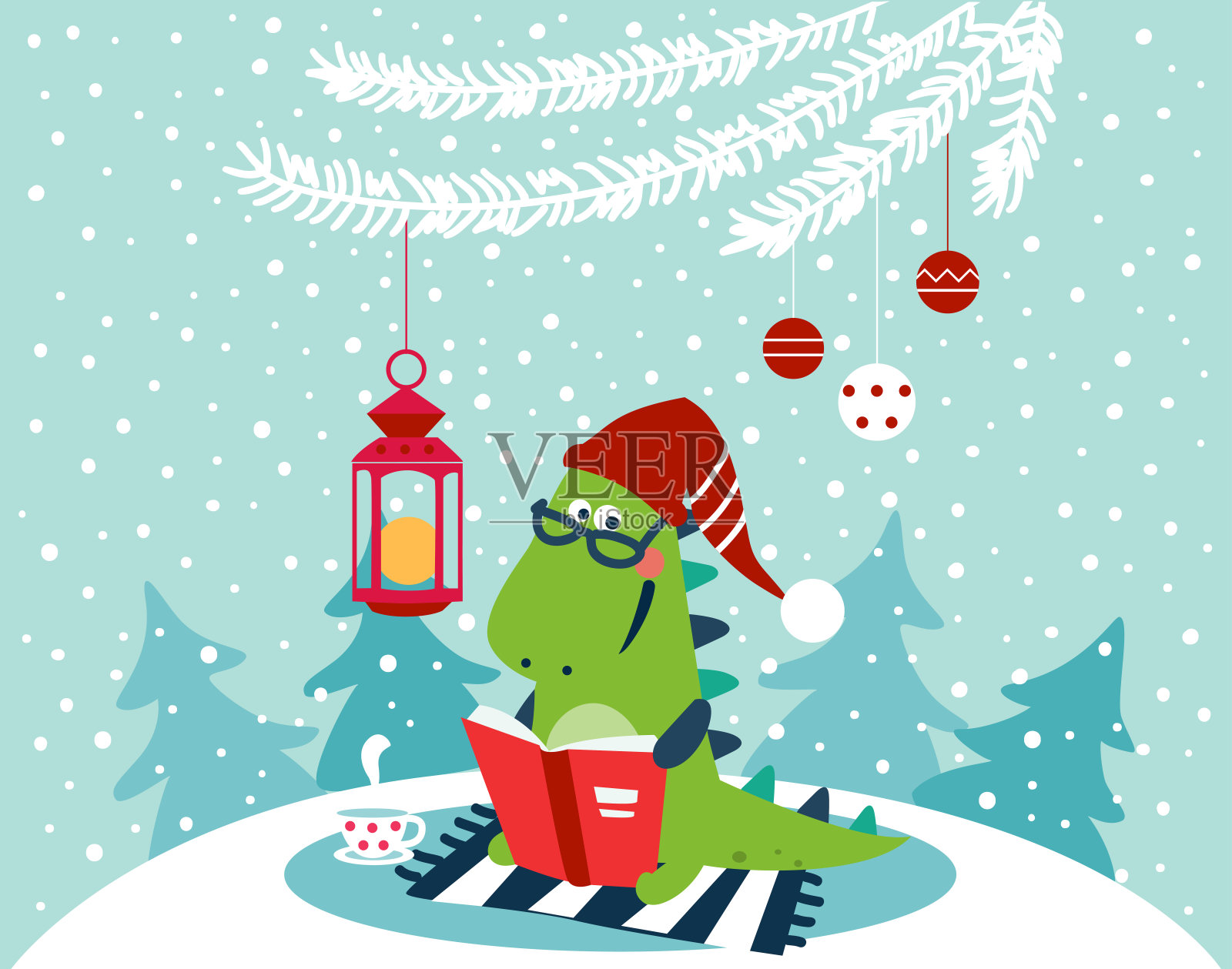 可爱的冬季插画与有趣的霸王龙。圣诞和快乐的假期矢量卡。可爱的恐龙看书插画图片素材