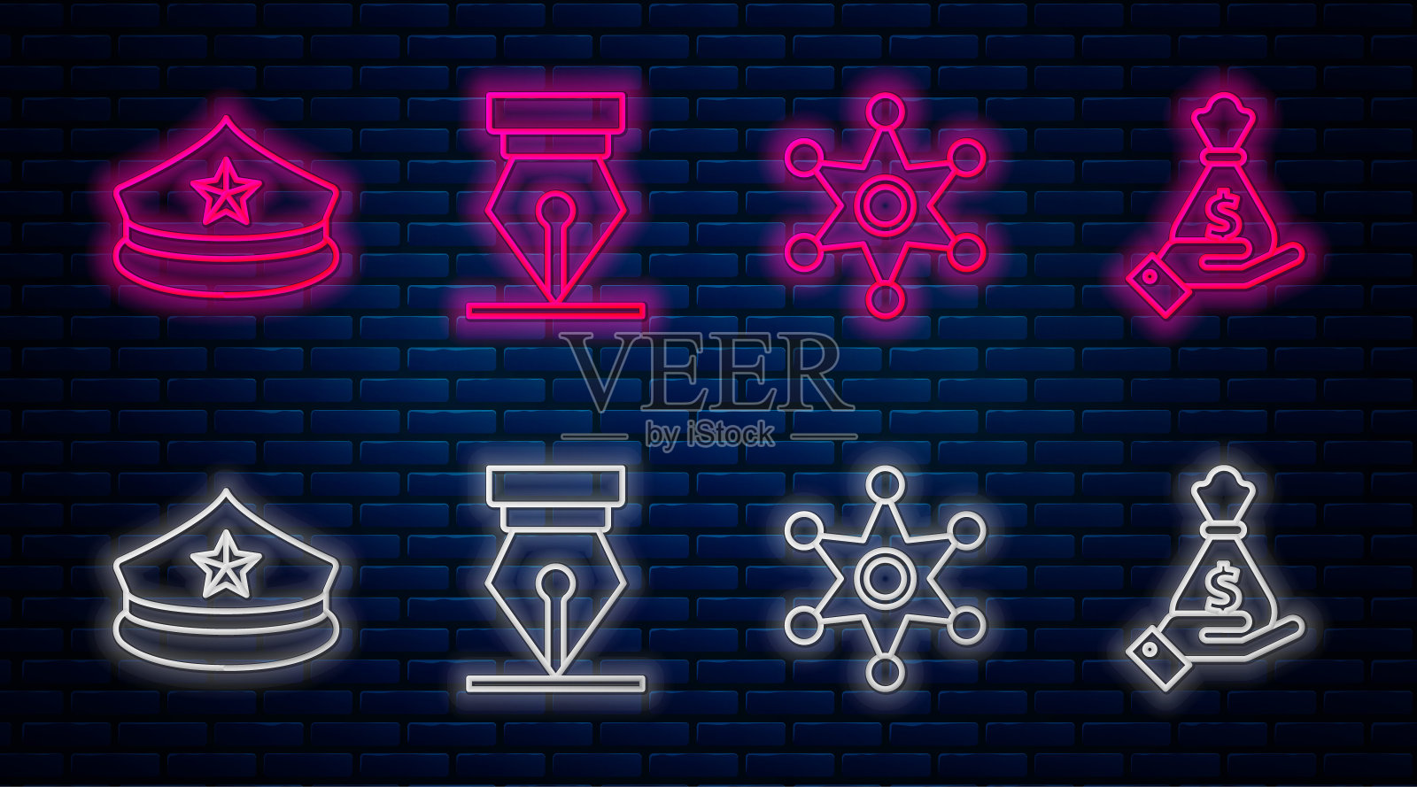 钢笔笔尖,六角警长,警察帽,带帽徽,手拿钱袋。砖墙上发光的霓虹灯图标。向量图标素材