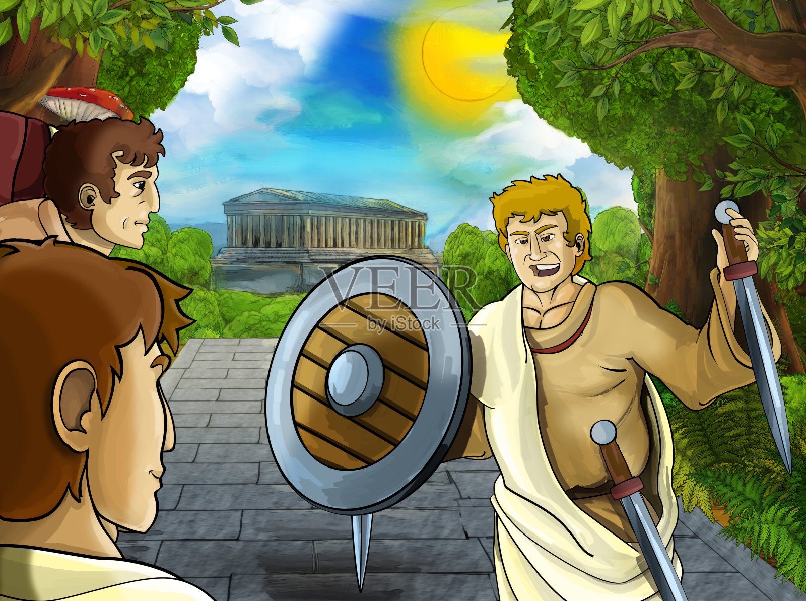 卡通场景与罗马或希腊古代人物附近的一些古老的建筑,如神庙在城市的道路上插画图片素材