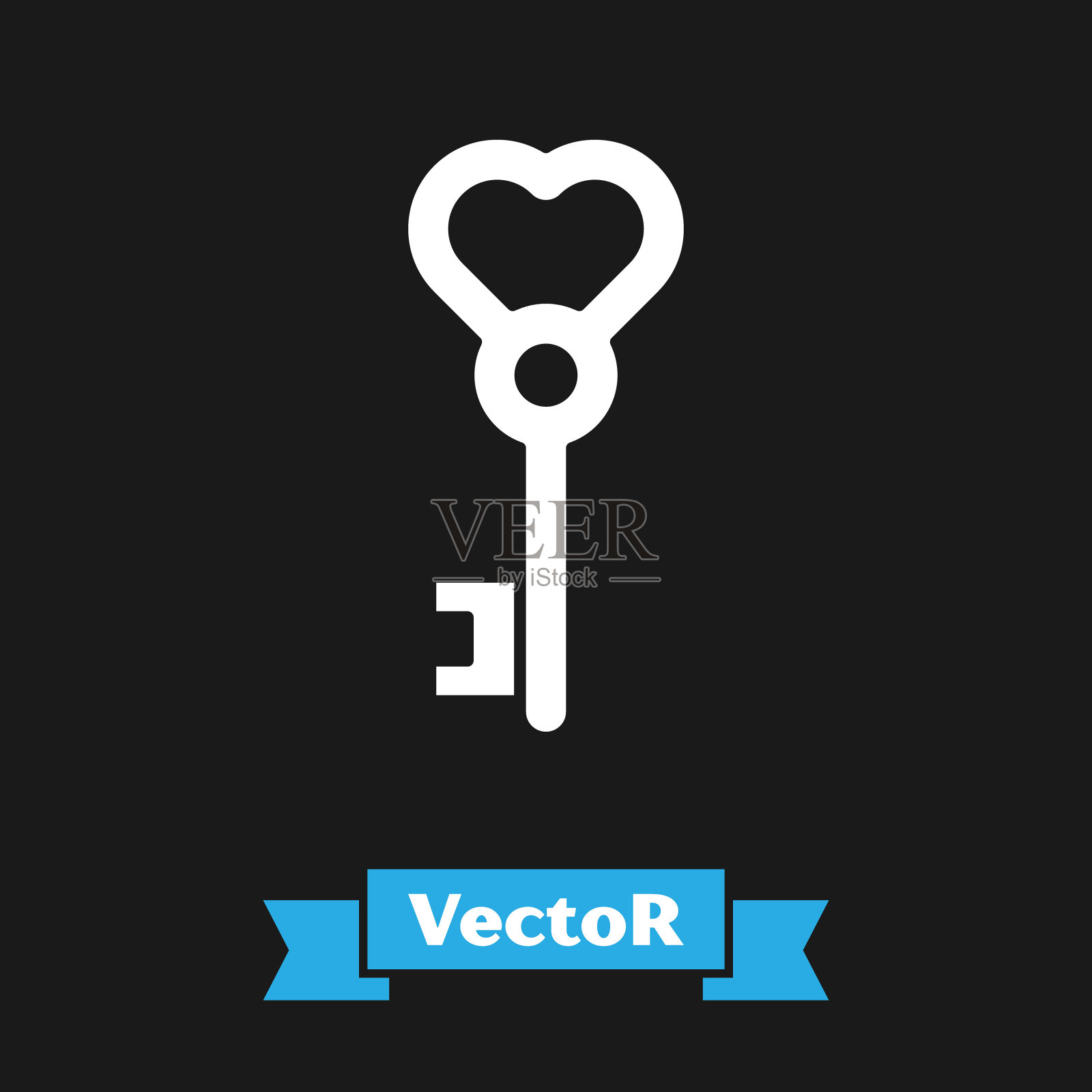 白色键心形图标孤立在黑色背景。情人节。矢量图插画图片素材