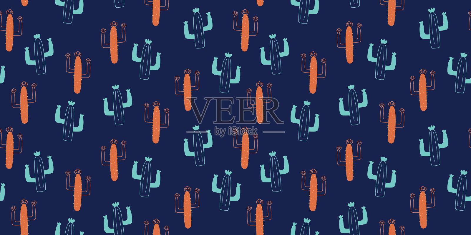 仙人掌无缝图案背景。可爱的手绘幼儿园儿童绘画风格。插画图片素材