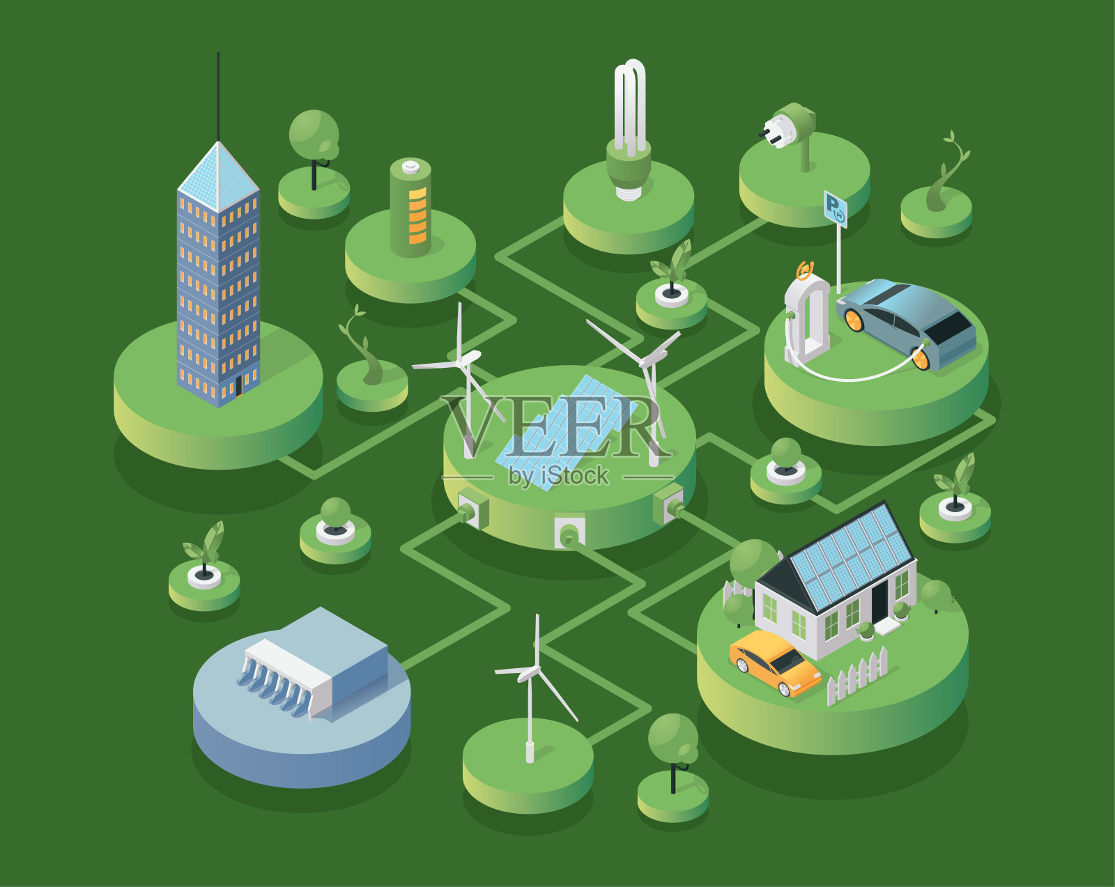 生态友好技术等角矢量插图。现代可持续建筑,环保安全的能源。可再生能源、保护生态、保护自然的理念插画图片素材