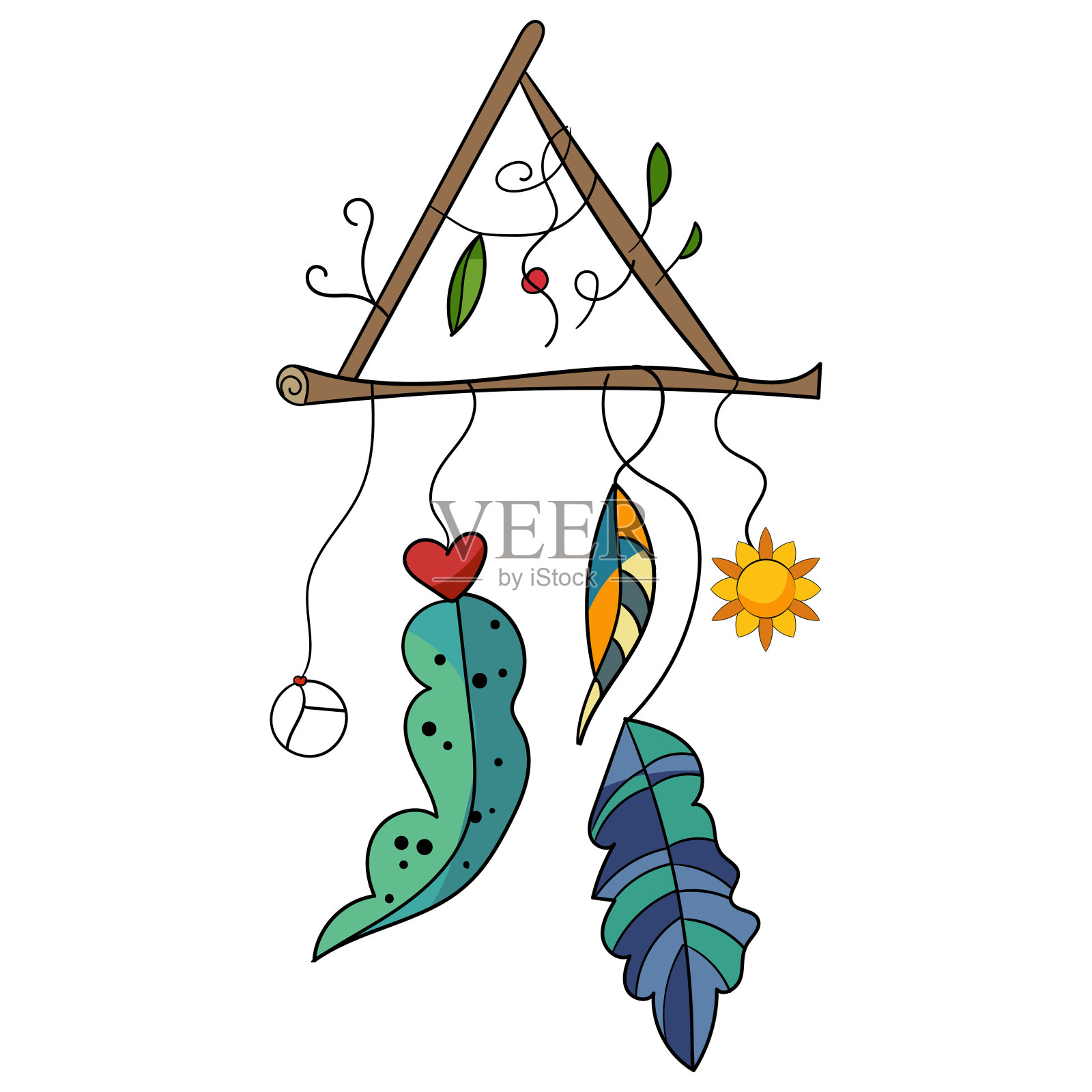 浪漫。有创意的手绘。矢量装饰波西米亚风格的装饰羽毛。矢量图插画图片素材