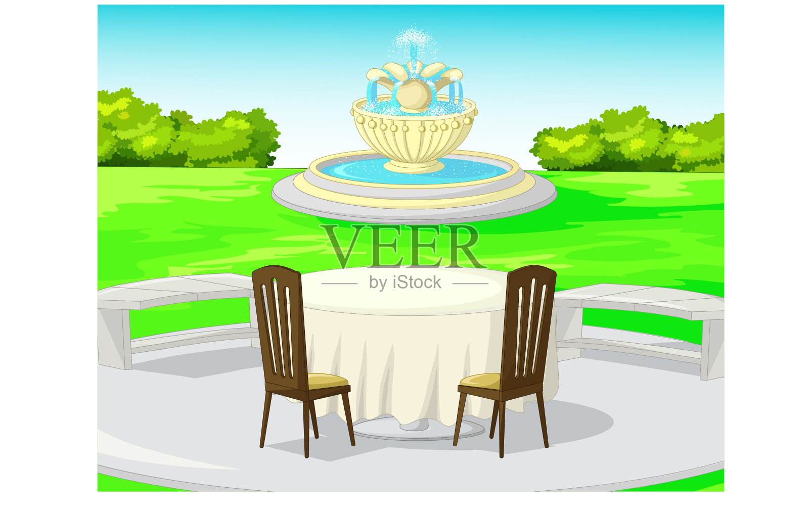 凉爽的公园庭院草地与桌子,椅子,和水喷泉卡通插画图片素材