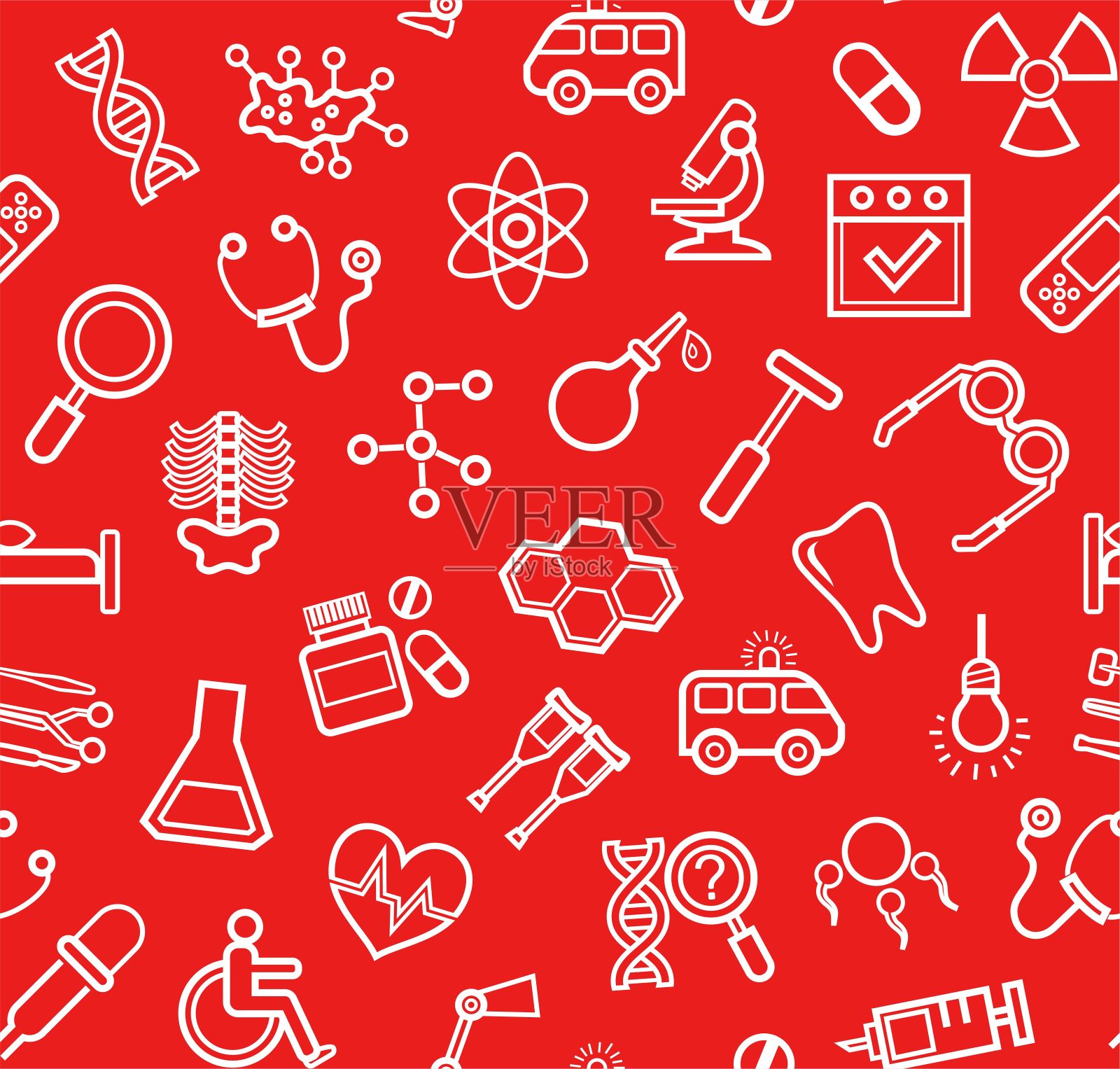 医药,红色背景,无缝,轮廓图标,矢量。插画图片素材