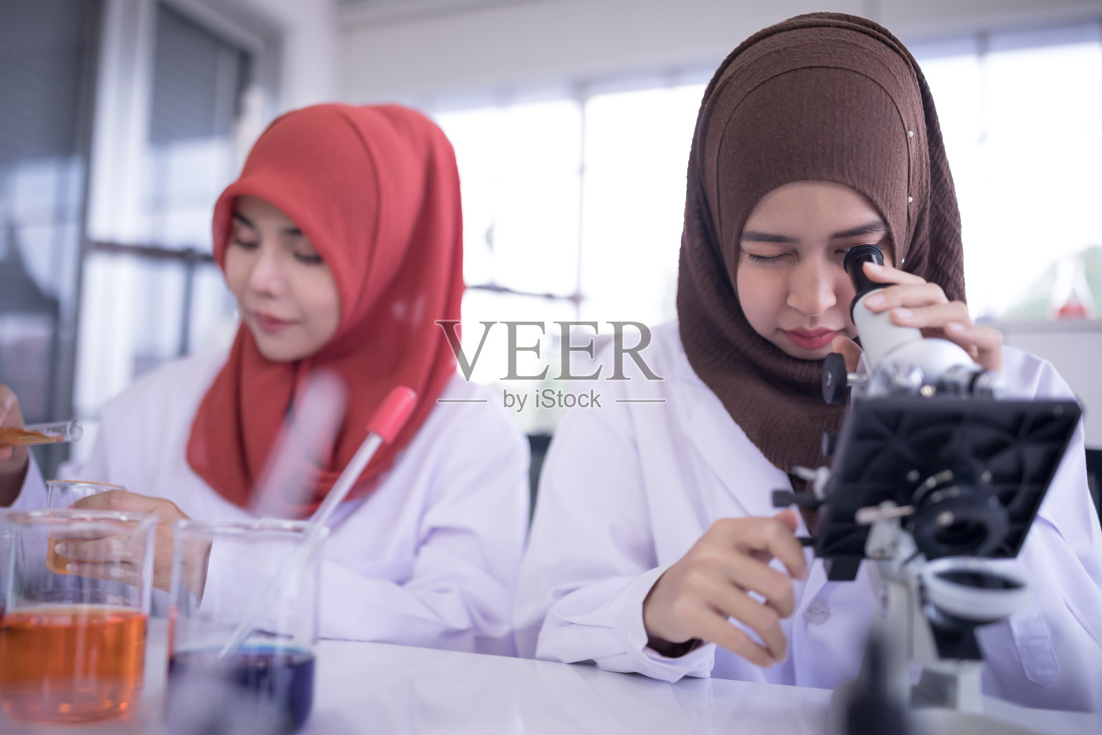 美丽的穆斯林女科学家通过显微镜观察照片摄影图片