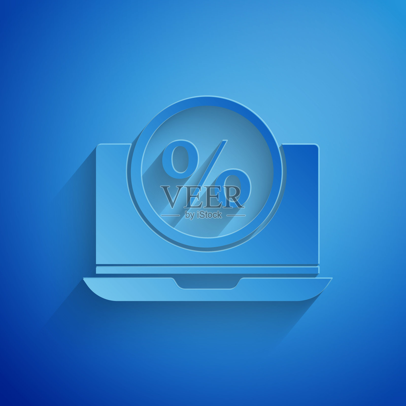 剪纸百分比符号折扣和笔记本电脑图标孤立在蓝色背景。销售百分比-价格标签,标签。纸艺术风格。矢量图插画图片素材