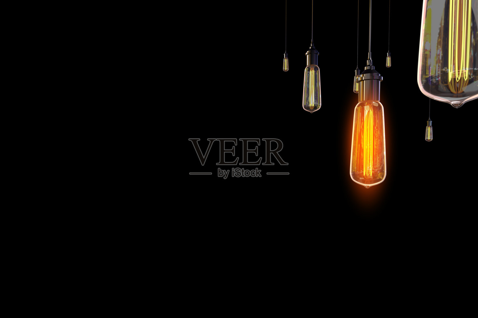 3d渲染插图。一套逼真的爱迪生灯泡。复古电灯发光灯泡孤立在黑色。室内装饰元素和商业创意创意思维概念照片摄影图片