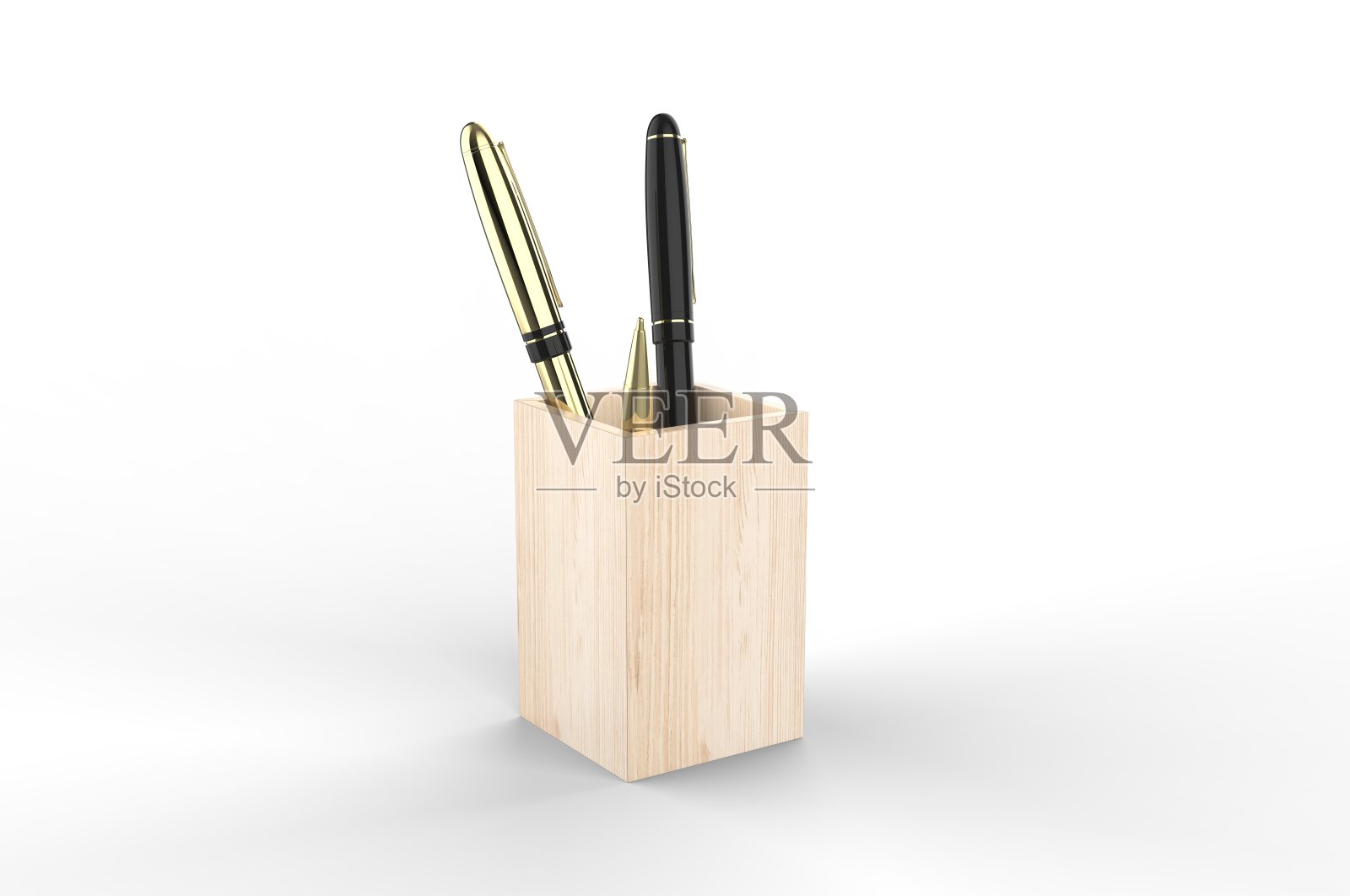 木质办公桌,钢笔,铅笔架,多用途使用杯,壶,办公桌组织者的品牌,3d渲染插图。照片摄影图片