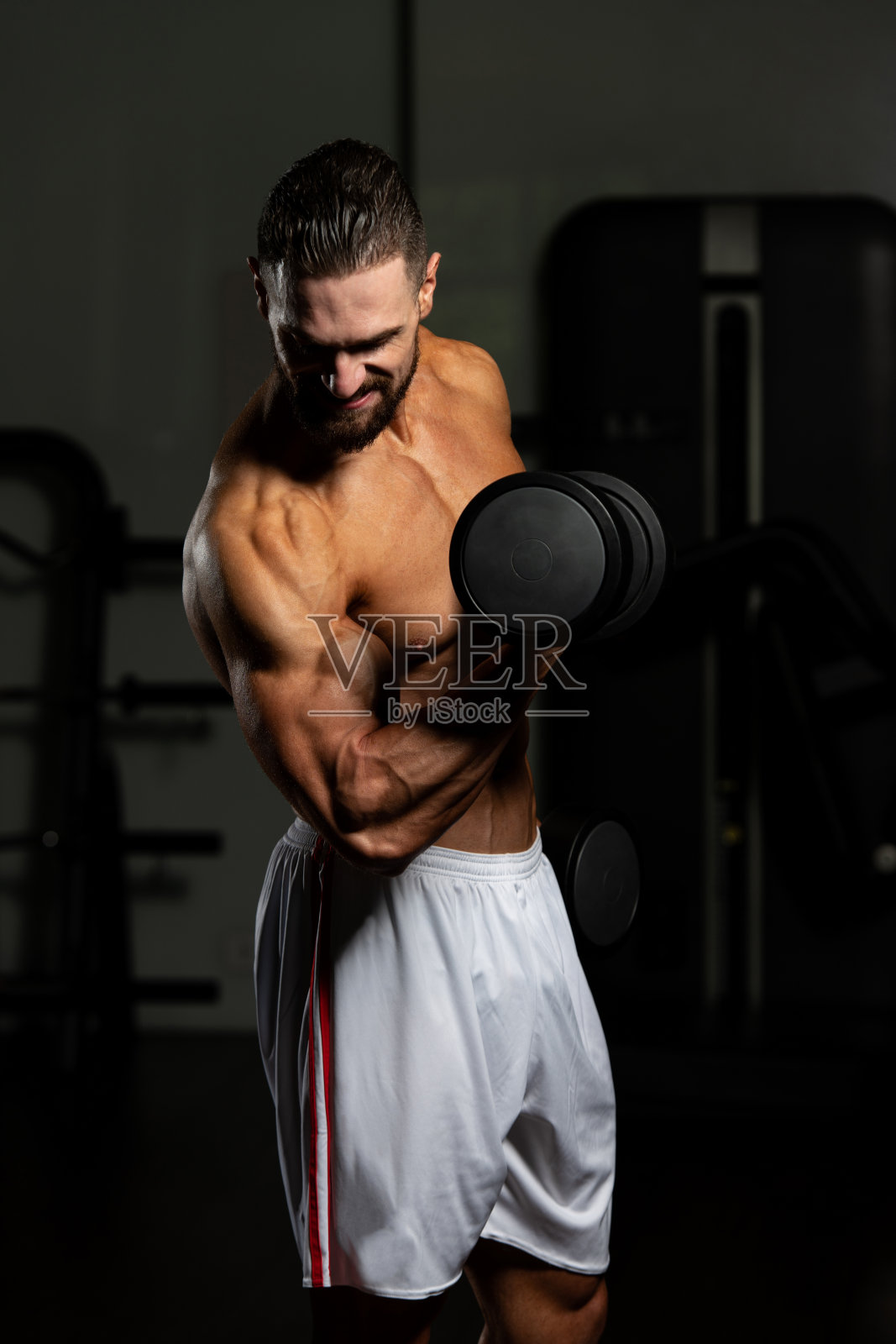 在健身房用哑铃锻炼二头肌照片摄影图片