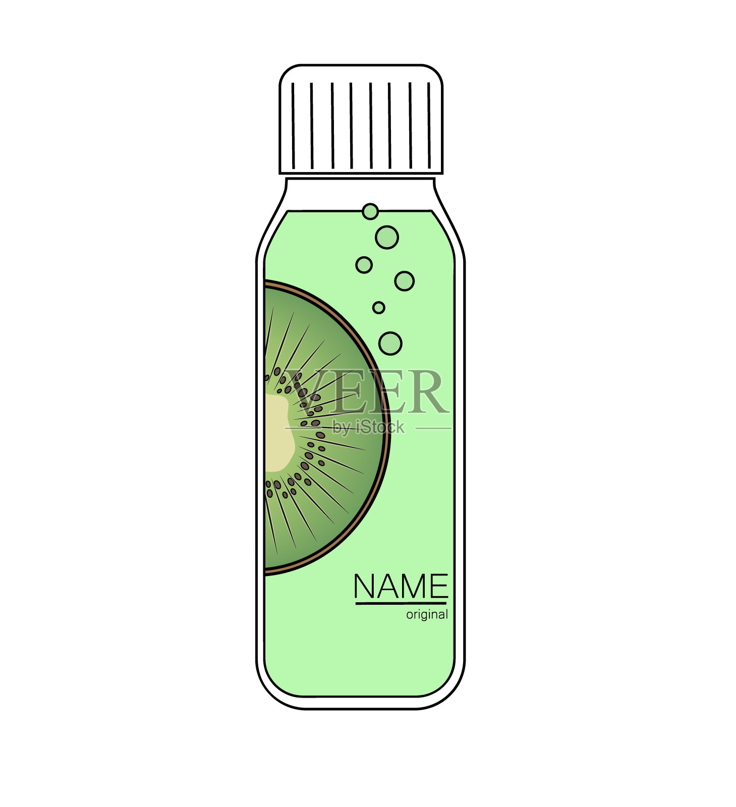 一瓶画着几维鸟的水。水与猕猴桃图标。矢量图插画图片素材