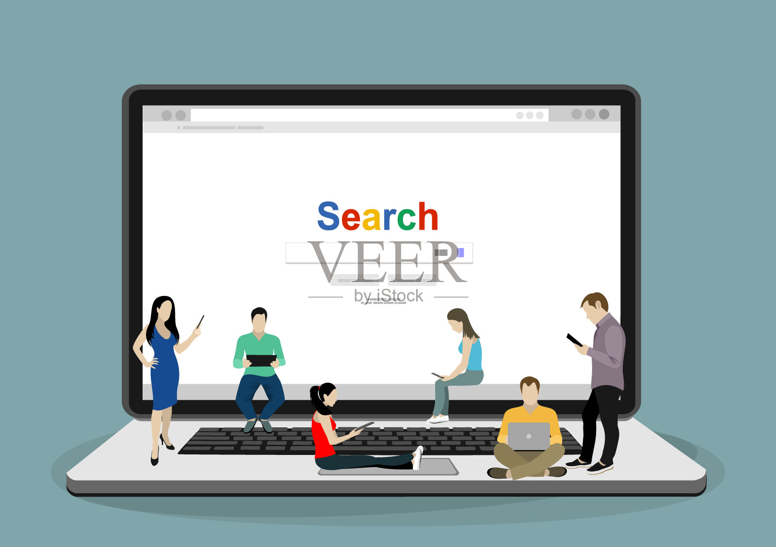 在线搜索栏概念矢量插图的年轻人使用移动智能手机和笔记本电脑搜索信息在网络浏览器。平面设计的男人和女人站在笔记本电脑上。插画图片素材