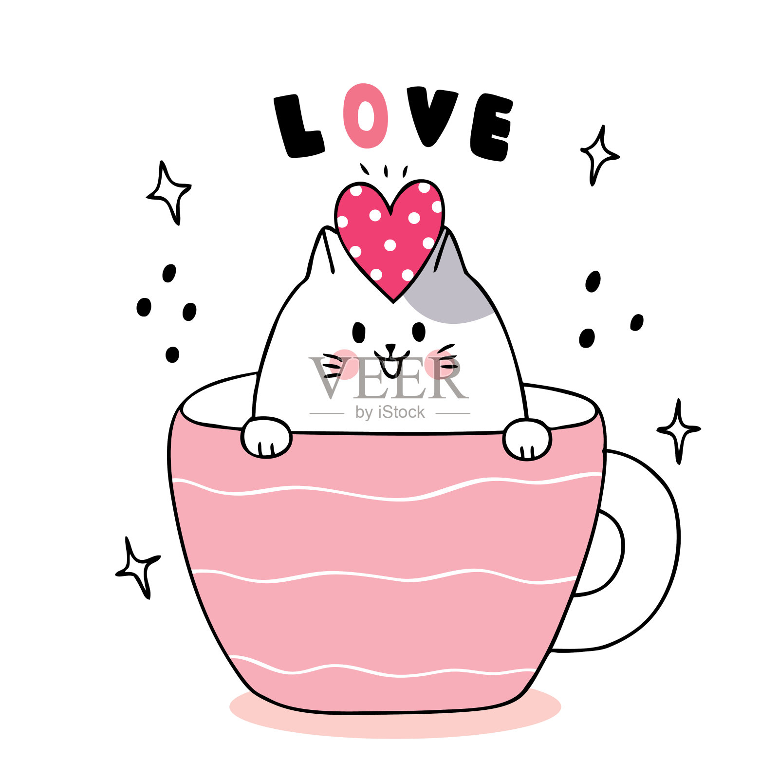 卡通可爱的情人节白猫和心杯咖啡向量。插画图片素材