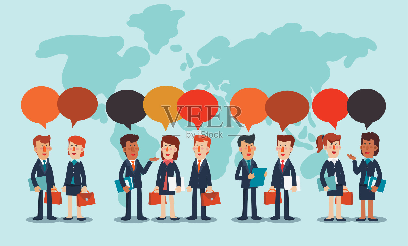 年轻的商人和女商人们在聊天。沟通和团队协作矢量概念插画图片素材