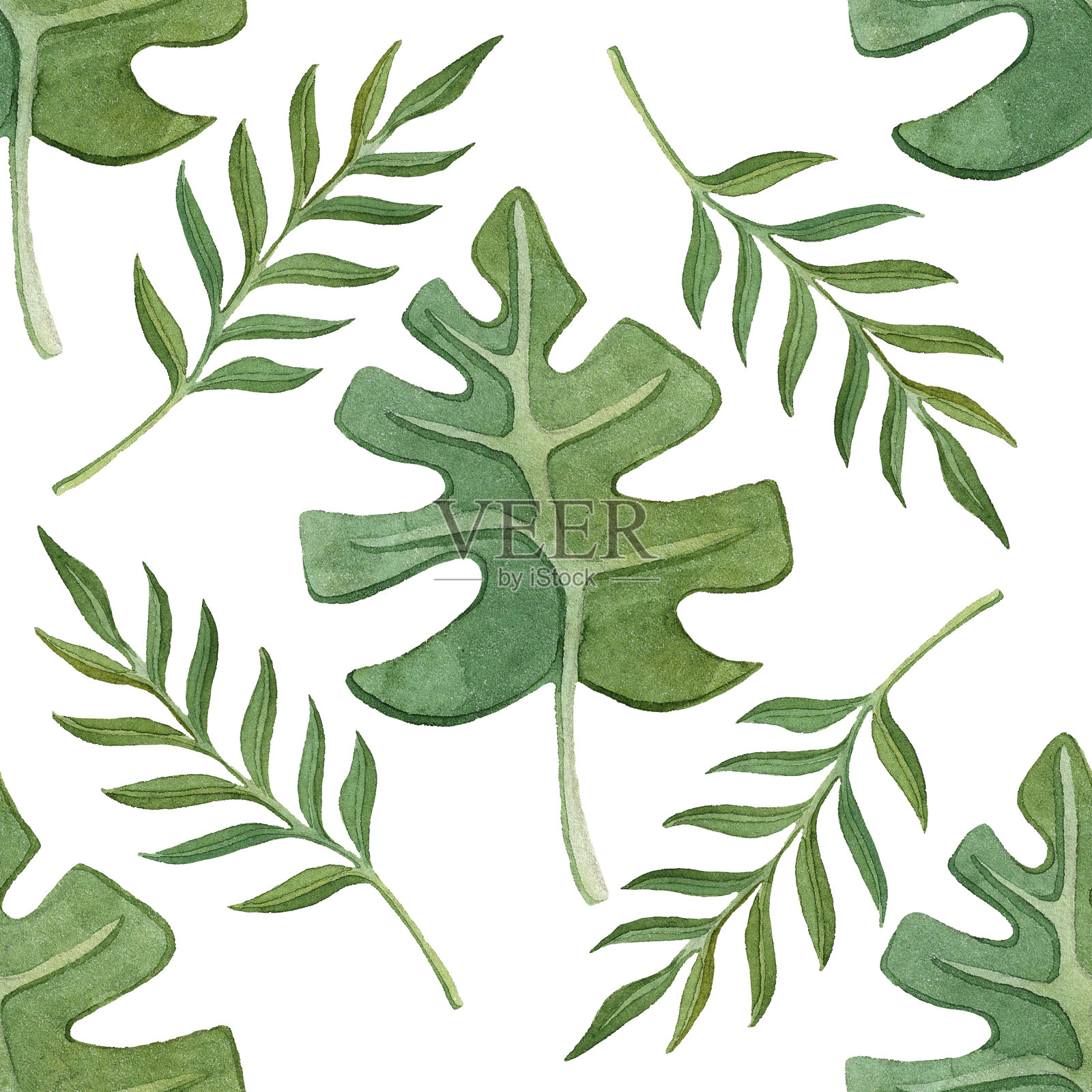 无缝水彩图案与绿色的叶子。现代丛林背景的壁纸,织物,印刷品,卡片,包装。图案在白色孤立的背景。插画图片素材