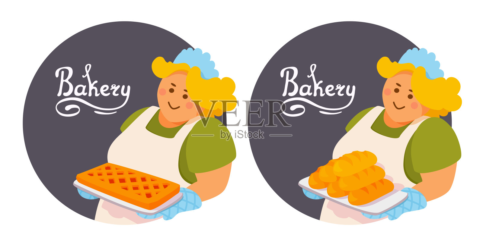 面包师围着围裙,戴着厨房手套,端着一盘新鲜出炉的美味面包和甜馅饼。插画图片素材