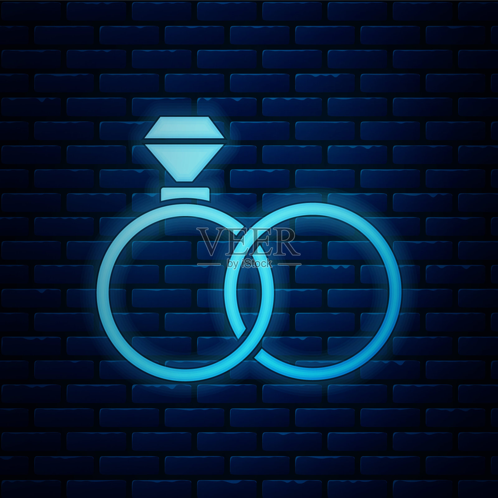 霓虹灯婚戒图标孤立在砖墙背景上。新娘和新郎的珠宝标志。婚姻的象征。钻石戒指。矢量图插画图片素材