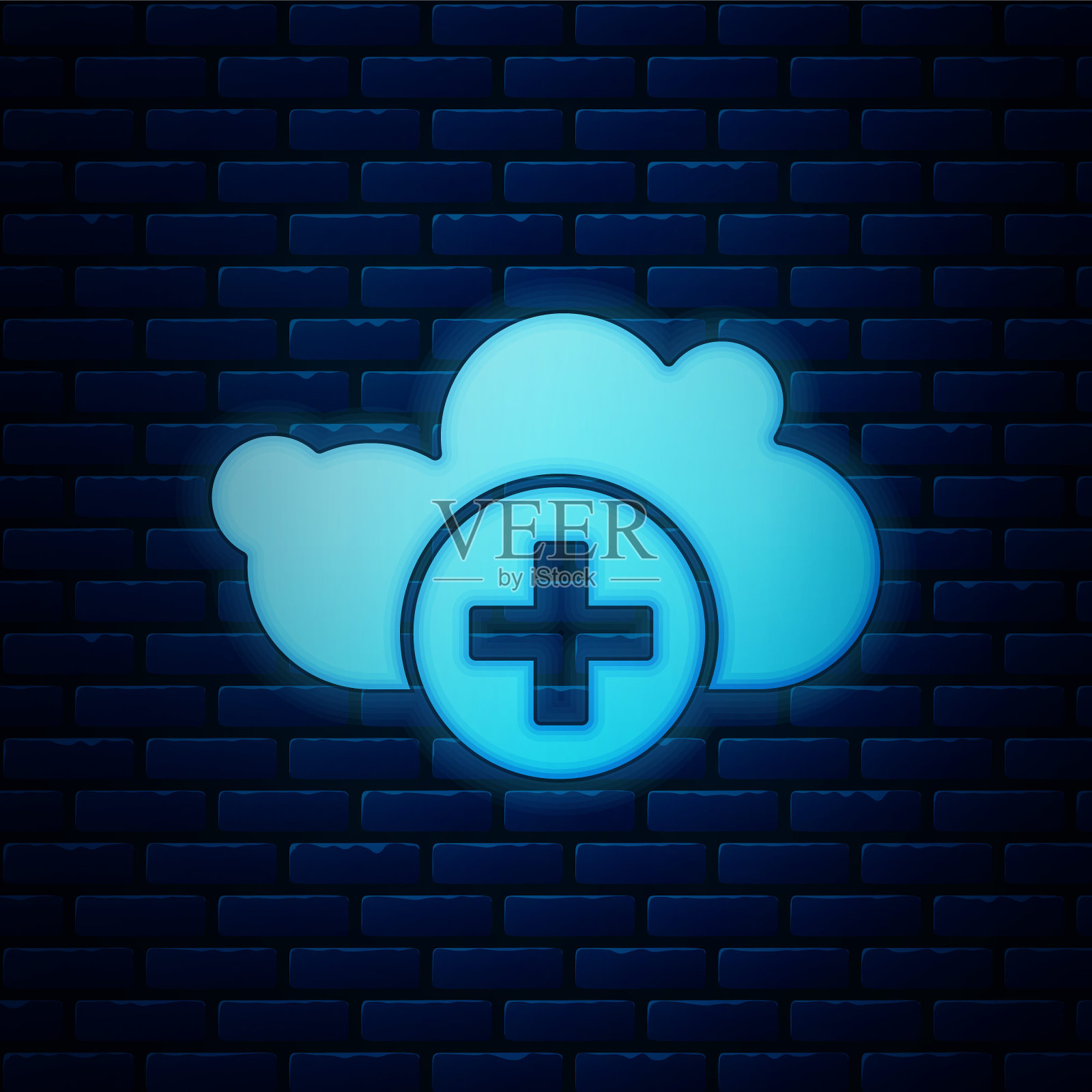 在砖墙背景上添加孤立的云图标。数据存储在云上。矢量图插画图片素材