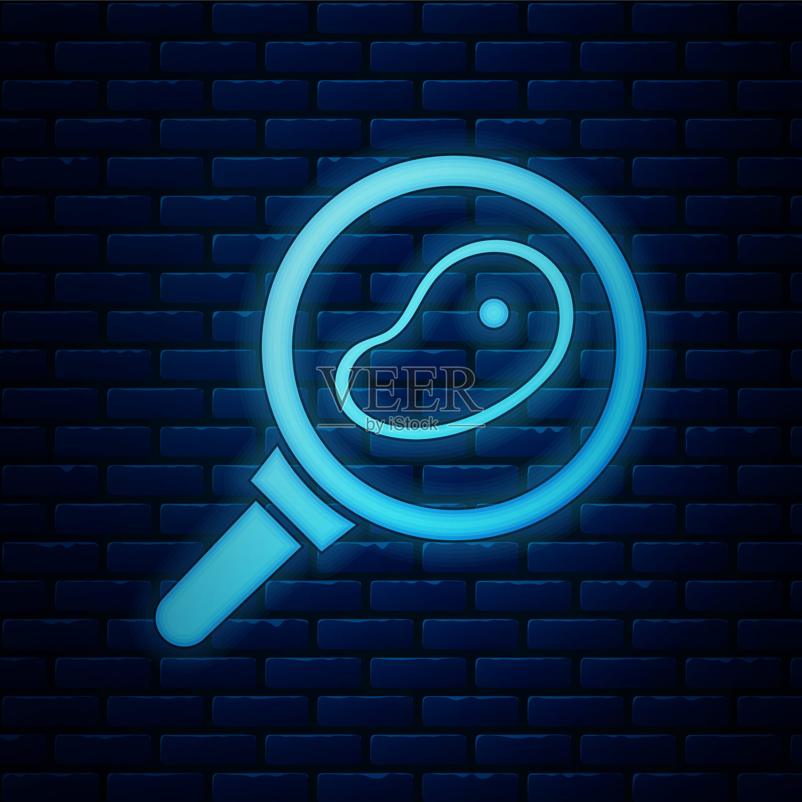 发光的霓虹灯牛排肉在煎锅图标孤立在砖墙背景。矢量图插画图片素材