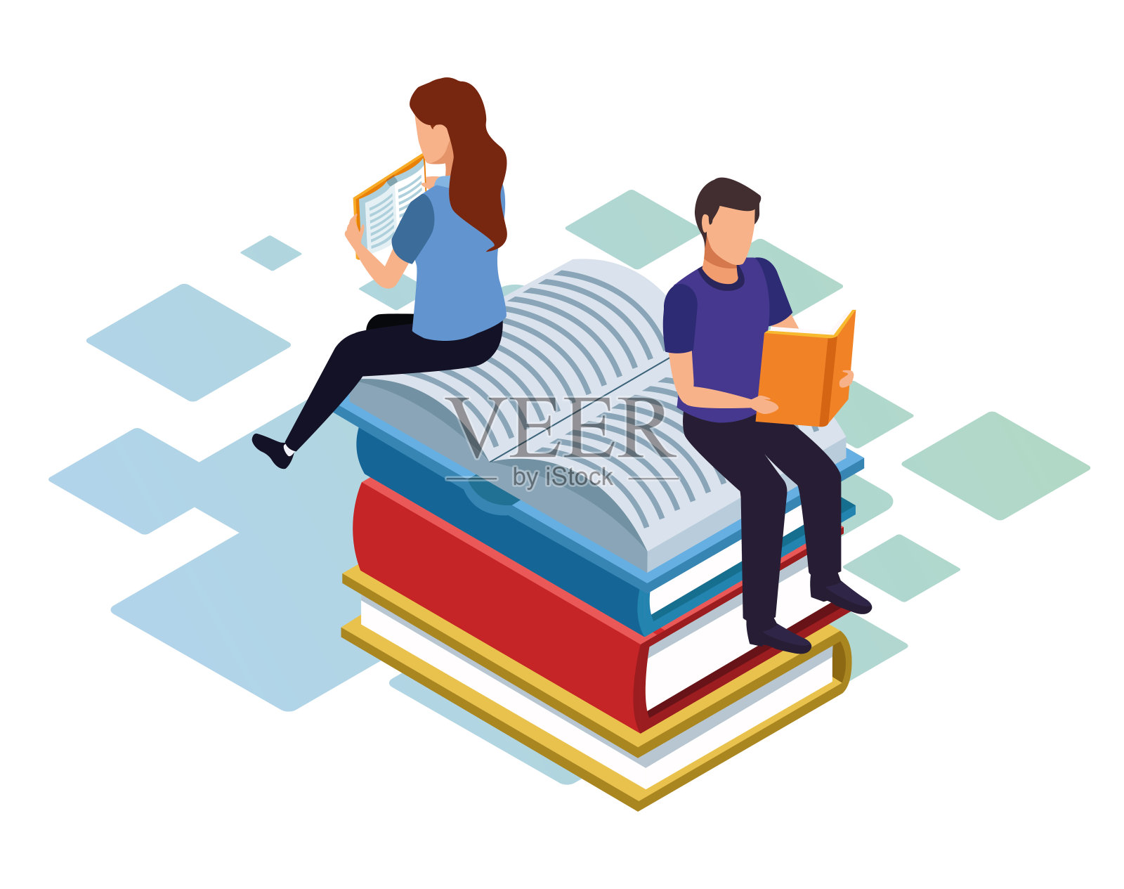 设计男女等距看书和坐在一堆书上插画图片素材